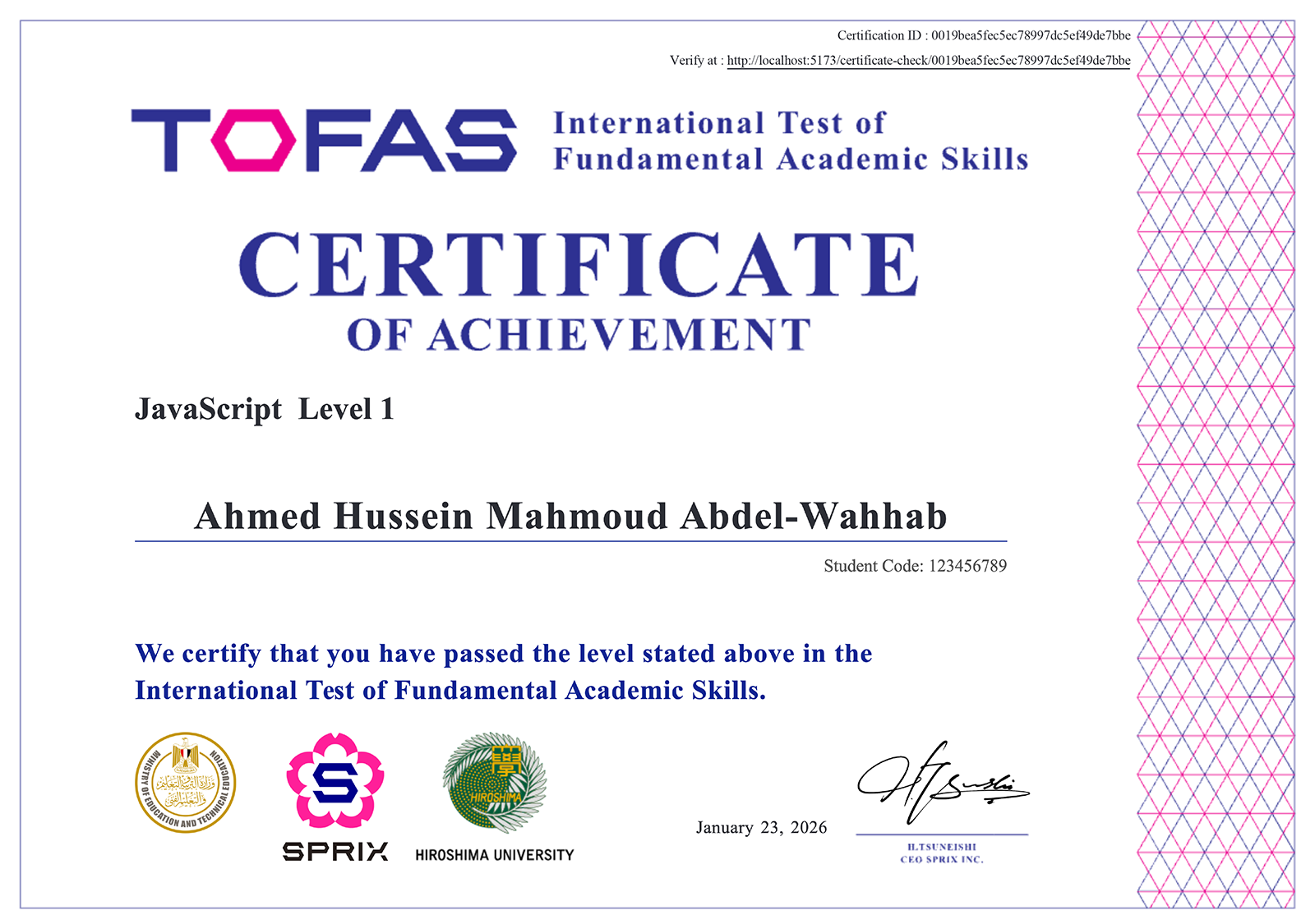 TOFAS Certificate